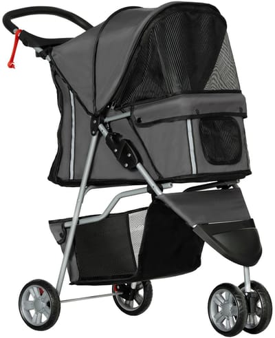 Archi Buggy – Trolley - Opvouwbaar – Voor Huisdieren Tot 10 kg – Gaasramen & Zonnedak – Bekerhouders – Donkergrijs – 75 × 45 × 97 cm