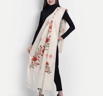 N3 Collecties Kashmiri Dames geborduurde wollen sjaal/stola (Gebroken wit)