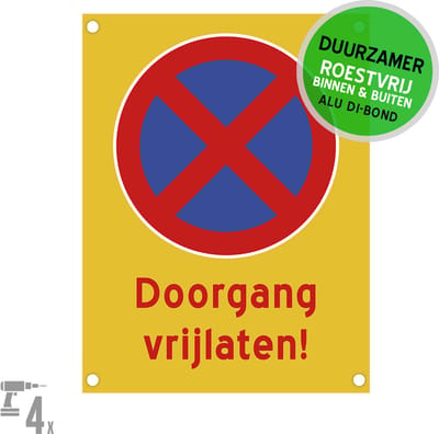 Pictogram/ bord Dibond + boorgaten | "Doorgang vrijlaten!" | 27 x 36 cm | Geel | Verboden te parkeren | Brandweer | Opvallend | Vrijhouden | Inrit | Roestvrij | 1 stuk