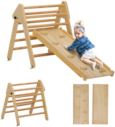 2-in-1 Klimset voor Kinderen – Houten Klimdriehoek met Glijbaan – Indoor Speeltoestel – Natuurlijk Hout