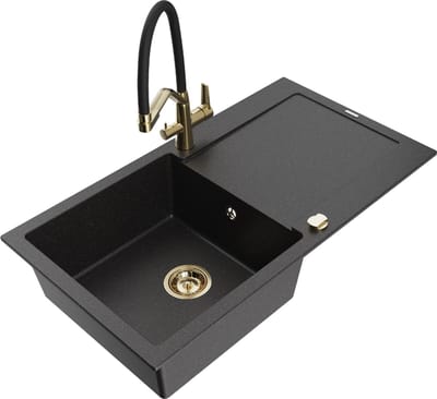 Mexen Leo granieten spoelbak 1-kompartiment met afdruiprek en keukenkraan Duo, zwart/zilver metallic - 6501-73-671701-57-G