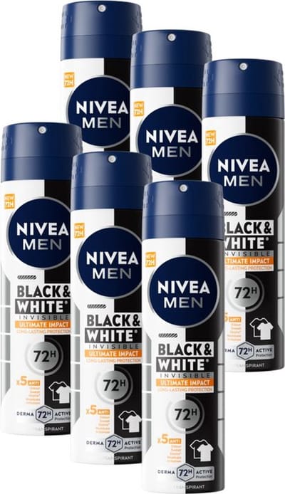 NIVEA MEN Black & White Ultimate Impact Anti-Transpirant Deo Spray - Anti-Vlekken Deo 72u bescherming- Voordeelverpakking - 6 x 150ml