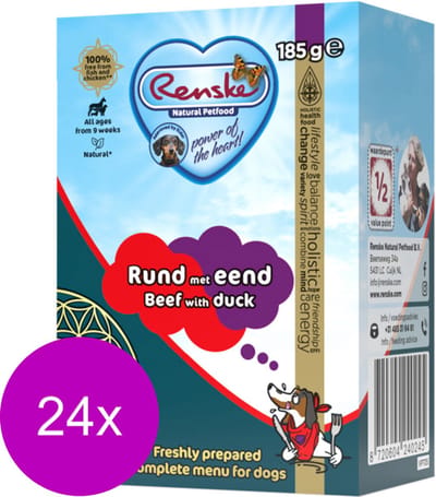 Renske Natvoer Honden - Rund Eend - Hypoallergeen, Glutenvrij, 24 x 185 gr