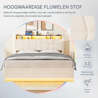 VVBV Bed met Opbergruimte 140x200 cm - Opbergruimte, Lades, LED-Verlichting, USB-C, Planken - Hout Beige