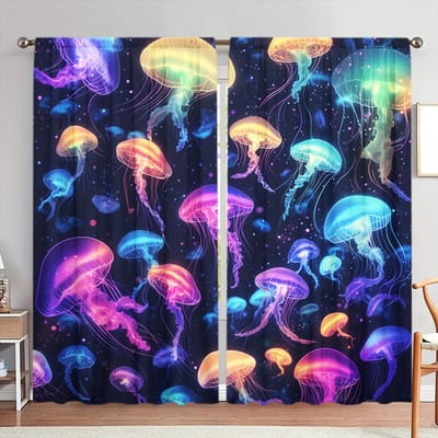 2 stuks Schitterend gekleurd Gordijn met Kwallenprint voor Huisdecoratie - Tunnel voor Roede Raambekleding voor Slaapkamer, Kantoor, Keuken 52.5cmX116cm X 2pcs blue