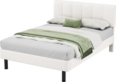 Merax 140x190 cm Gestoffeerd Bed met Lattenbodem - IJzeren Poten en Sherpa Stof - Beige – Modern en Comfortabel