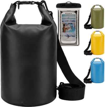 Famanu – Extreem stevige outdoor droogzak voor telefoon & sleutels – Zwem- - strand- & boottas incl. waterdichte telefoonhoes (Zwart - 5 liter)