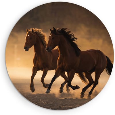 Saammp Muurcirkel Hout - 2 Paarden in de Natuur - Dieren - Ø 90 - Wandcirkel - Wanddecoratie Cirkel - muurdecoratie Woonkamer - Slaapkamer decoratie - Rond Schilderij