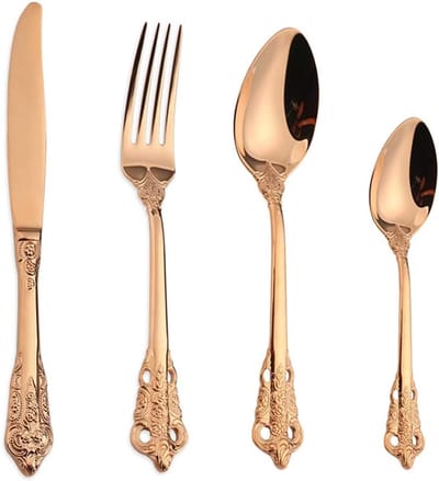 4-delig Food Grade 18/10 roestvrij staal bestek, modern keizerlijk ontwerp, bestek inclusief mes/vork/lepel/koffielepel, spiegel gepolijst, vaatwasmachinebestendig