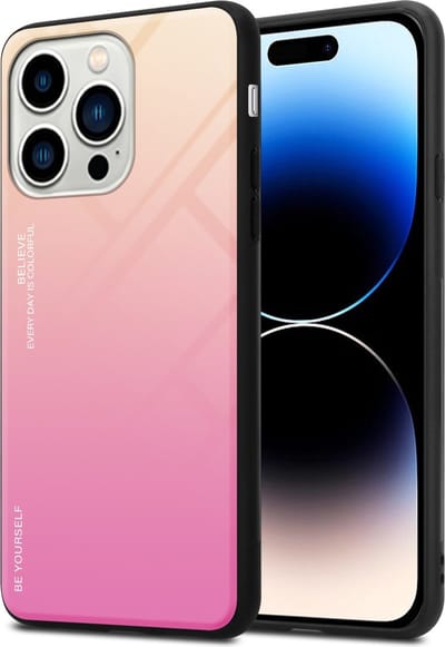 Cadorabo Hoesje geschikt voor Apple iPhone 14 PRO in GEEL - ROZE - Tweekleurige beschermhoes van TPU-silicone Case Cover en achterzijde van gehard glas