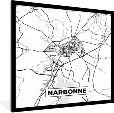 Fotolijst incl. Poster Zwart Wit- Stadskaart - Plattegrond - Narbonne - Kaart - Frankrijk - Zwart wit - 40x40 cm - Posterlijst