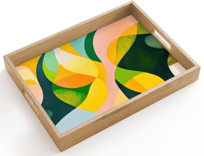 Dienblad hout 40x30 cm - Schootdienblad - Abstract - Geel - Roze - Groen - Borrelplank rechthoek - Plateau dienbladen