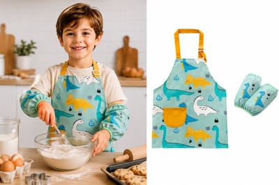 Kinder Kookschort Waterproof met Mouwen – Dinosaurus Print Mintgroen/Geel – 4-7 Jaar – Inclusief Beschermende Mouwtjes