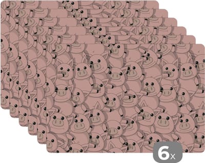 Placemat - Placemats kunststof - Varkens - Dieren - Roze - Patroon - 45x30 cm - 6 stuks - Hittebestendig - Anti-Slip - Onderlegger - Afneembaar