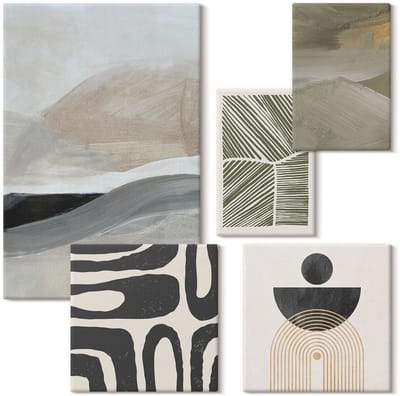 Wallfluent Set van canvas schilderijen - Abstracte patronen en vormen in gedempte kleuren Canvas Schilderijen Set - Set van 5 Canvas Schilderijen - Grijs Set van Canvas Prints - Abstractie Canvas Kunst Set - Boheemse Canvas Kunst Set