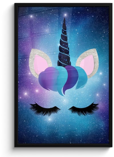 Poster in lijst - Fotolijst 60x90 cm - Posters - Eenhoorn - Sterren - Magisch - Blauw - Posterlijst zwart - Decoratie - Wanddecoratie woonkamer - Muurdecoratie slaapkamer