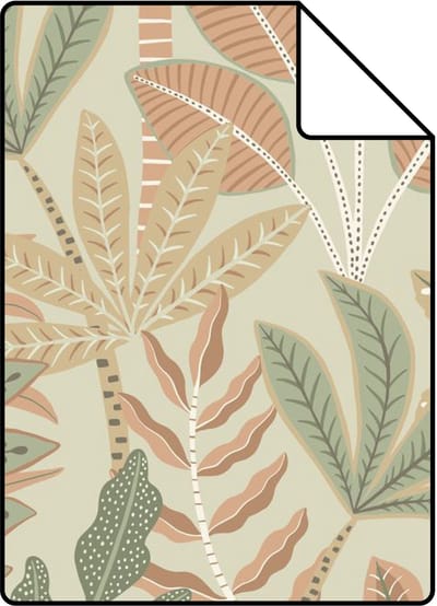 Proefstaal ESTAhome behang bladeren groen en terracotta roze - 26.5 x 21 cm - 139680-S