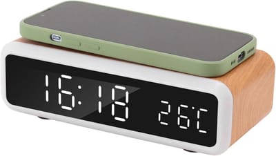 Digitale Wekker - Nachtlamp Klok - Snel Laden - HD Display - 17 x 8 cm - Houtkleur