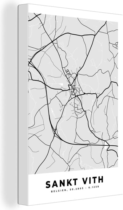 Canvas Schilderij België – Sankt Vith – Stadskaart – Kaart – Zwart Wit – Plattegrond - 20x30 cm - Wanddecoratie