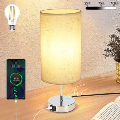 NETTLIFE Tafellamp E27 - chroom - rond - 3000K Warm wit Licht - Touch Dimbaar - nachtlamp met USB laadfunctie - stoffen lampenkap - voor Nachtkastje | Eetkamer | Woonkamer | Slaapkamer - excl. lichtbron
