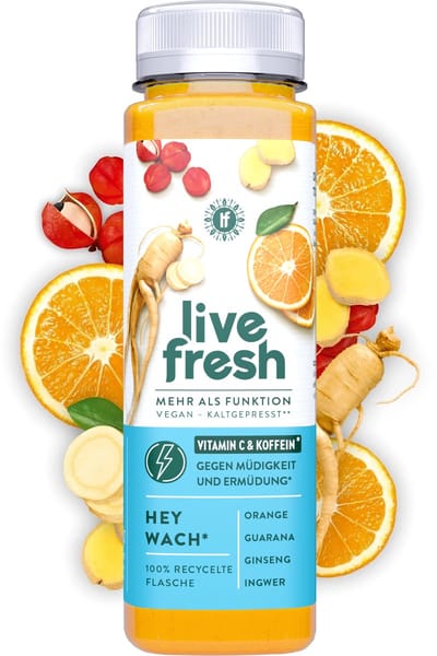 LiveFresh sinaasappelsap met cafeïne – koudgeperst vruchtensap zonder toegevoegde suiker – gemaakt van sinaasappel, gember, guarana & ginseng – Hey Wach – 6x250ml