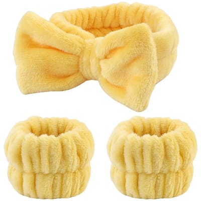 Ensemble Bandeau Noeud, Bandeau de Poignet Serviette Élastique Doux Lavage Visage Douche Maquillage Yoga Sports Soin Visage Bandeau Pour Femmes Filles Coral Fleece jaune