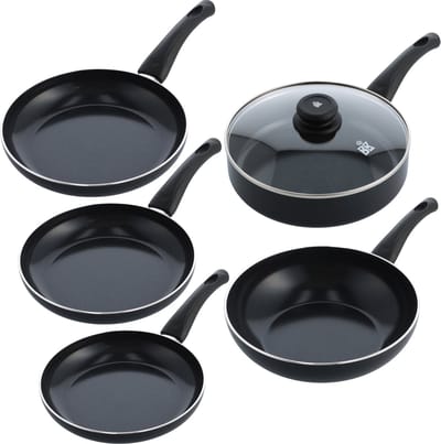 BK Brilliant 5-delige pannenset - Koekenpannen 20/24/28cm & Hapjespan 24cm & Wokpan 28cm - PFAS-vrije antikleeflaag - Geschikt voor inductie - Koudgrepen - Ovenbestendig - Vaatwasserbestendig - Zwart
