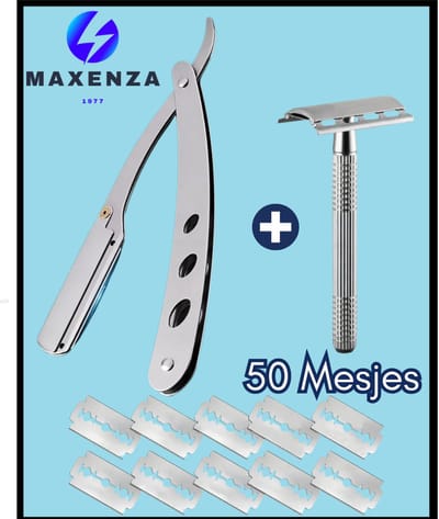 Maxenza Shavette Scheermes - Klapmes - Inclusief 50 Scheermesjes en een Safety Razor - Klassiek Open Scheermes - Kappersmes - Barbiermes - Zilver