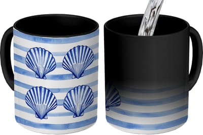 Magische Mok - Foto op Warmte Mokken - Koffiemok - Vier schelpen - Blauw - Wit - Strepen - Magic Mok - Beker - 350 ML - Theemok