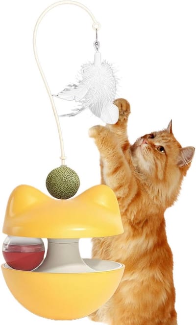 Kattensnackbal - Interactief speelgoed - Mentale stimulatie - Intelligent uitloopmechanisme - 12 x 12 x 13 cm - Geel
