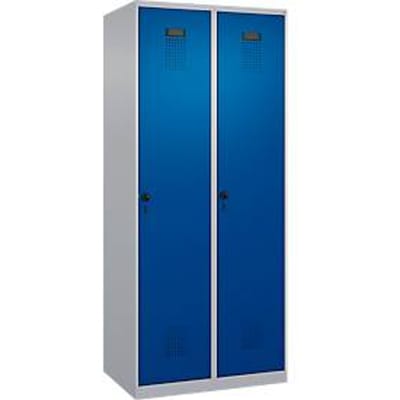 C+P Evolo Plus garderobekast, 2 vakken, rechts scharnierend, veiligheidsdraaistang, B 800 x D 500 x H 1850 mm, blank aluminium/ gentiaanblauw