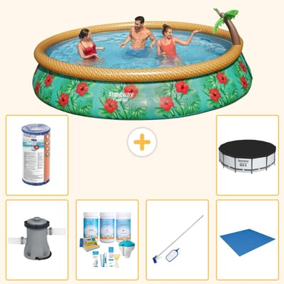 Bestway Rond Opblaasbaar Fast Set Zwembad - Paradijsprint - 457 x 84 cm - Inclusief Pomp - Onderhoudspakket - Schoonmaakset - Grondzeil - Filter - Afdekzeil - 7-delig