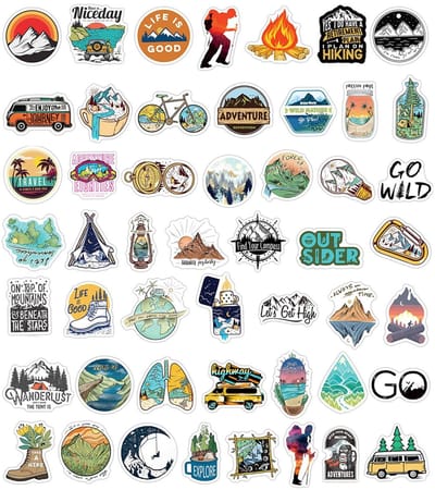 Dailygoods- Stickers 50 Stuks - Handgemaakte Outdoor Stickers - Camping/Thema - Geschikt voor Notebooks/Skateboard - Eenvoudig Af te Scheuren - Duurzaam PVC Materiaal - Decoratiestickers