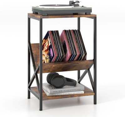 COSTWAY Bijzettafel met 3 niveaus, industrieel design, houten banktafel, nachtkastje voor tijdschriften en nieuwspapers, 40 x 30 x 61 cm