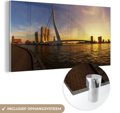 MuchoWow® Glasschilderij 120x60 cm - Schilderij acrylglas - Rotterdam - Zonsondergang - Erasmus - Foto op glas - Schilderijen