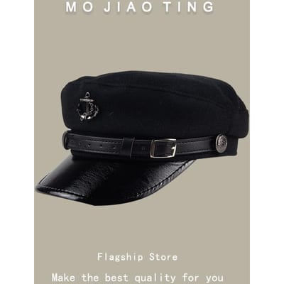 Chapeau Rétro Japonais Bleu Marine Cuir PU Style Britannique Chapeau Octogonal pour Femmes Automne Hiver Grande Circonférence de Tête Affinant le Visage Petit Béret One Size black