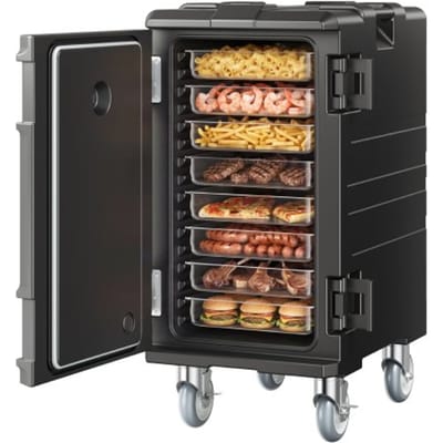 VEVOR Geïsoleerde voedselcontainerdrager, 109 Qt warme doos voor catering, LLDPE voedselcontainerdrager met dubbele gespen, voorlader met handgrepen, eindlader met wielen voor restaurant, kantine, enz.