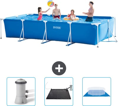 Intex Rechthoekig Frame Zwembad - 450 x 220 x 84 cm - Blauw - Inclusief Zwembadfilterpomp - Solar Mat - Grondzeil