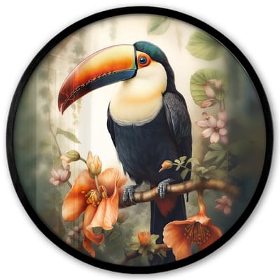 Poster in lijst Rond - Fotolijst 40x40 cm - Posters - Toekan - Vogel - Bloemen - Planten - Ronde posterlijst zwart - Decoratie - Wanddecoratie woonkamer - Muurdecoratie slaapkamer