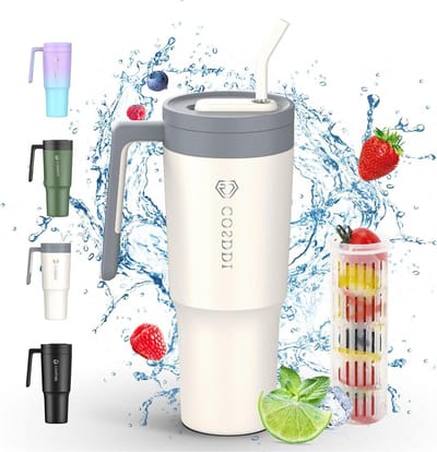 Thermobeker met rietje 1180 ml - koffiebeker - lekvrije isolatiebeker - dubbelwandig roestvrij staal - autobeker met handvat - tumbler - 40 oz beige
