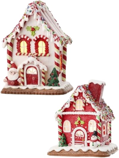 Viv! Christmas Kerstbeeld - Gingerbread Huis van Klei incl. LED Verlichting - set van 2 - rood wit - 18cm