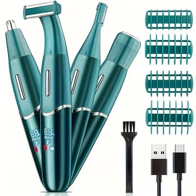 4in1 One-Blade Scheerapparaat - Digitale One-Blade Shaver + 3 Kopstukken voor Gezichtshaar, Hoofdhaar en Lichaamshaar - Perfecte Lichaamshaar Verzorging voor Dames en Heren - Kleur: Groen