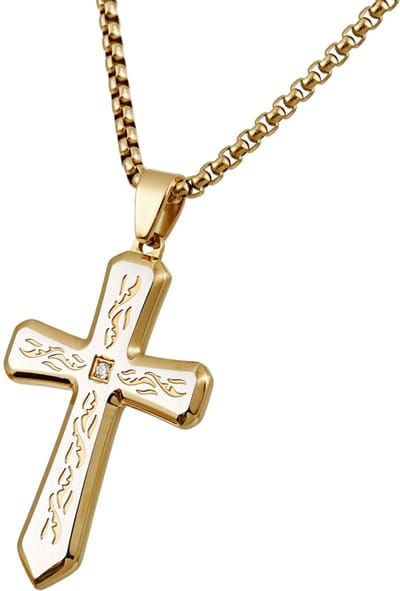 Decopatent - RVS Kruis Ketting 60 cm - Wit & Goudkleurige Kruishanger - Christelijke Halsketting met Schakelketting voor Heren & Dames - Stijlvolle RVS Ketting