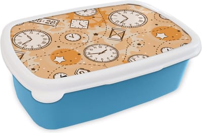 Broodtrommel Blauw - Lunchbox - Brooddoos - Patronen - Klok - Zandloper - 18x12x6 cm - Kinderen - Jongen