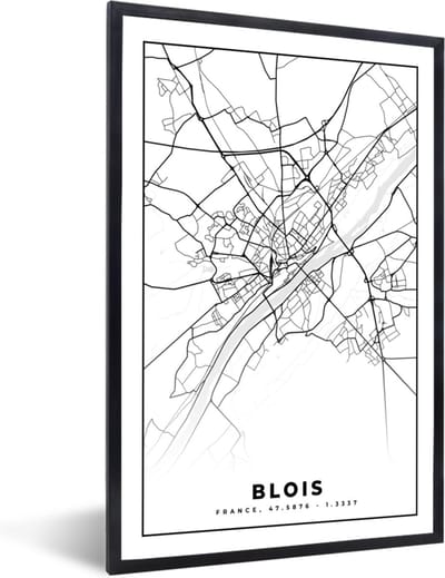 Fotolijst incl. Poster Zwart Wit- Kaart - Stadskaart - Frankrijk - Blois - Plattegrond - Zwart wit - 40x60 cm - Posterlijst