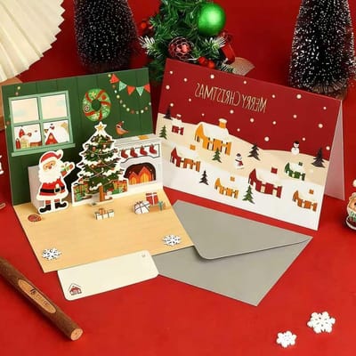 3D Pop-Up Kerstkaart met Santa Claus en Elanden, Handgemaakt Cadeau voor Kerstgroeten en Wensen