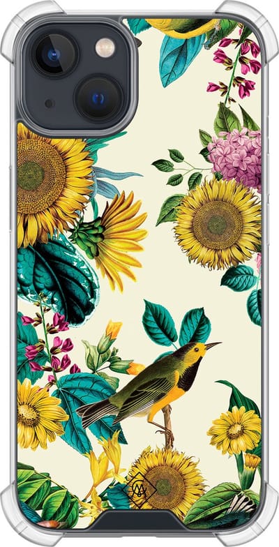 Casimoda® hoesje - Geschikt voor iPhone 13 Mini - Zonnebloemen / Bloemen - Shockproof case - Extra sterk - TPU/polycarbonaat - Mint, Transparant
