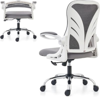 Ergonomische bureaustoel met opvouwbare rugleuning, computerbureaustoel met opklapbare armleuningen, mesh lendensteun en kantelfunctie, grote en hoge bureaustoel, wit