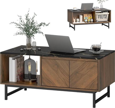 Salontafel - Woonkamertafel - Opbergen Woonkamer - Marmerlook blad - 100 cm breed - Walnoot