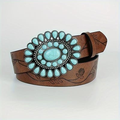 Dames dragen de klassieke Western riem, bruin PU leer met reliëf, bohemien ovale turkooizen gesp riem 100cm black